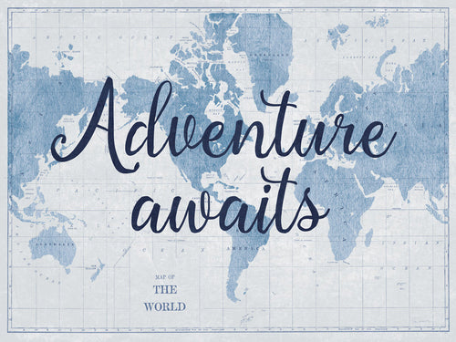 Adventure Awaits Map, blue world map typography fine art canvas print