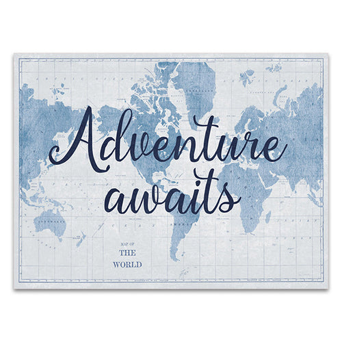 Adventure Awaits Map, blue world map typography fine art canvas print