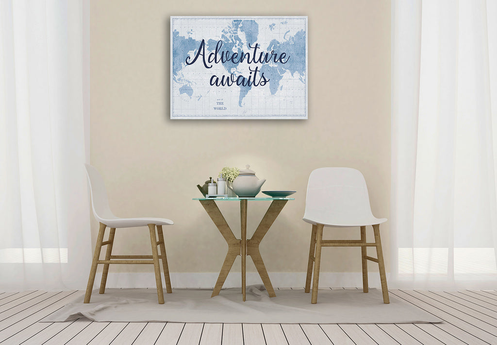 World Map White and Blue Wall Art Print on the wall