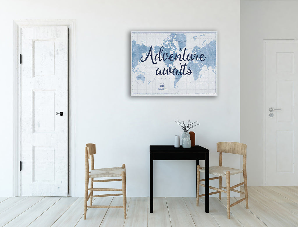 World Map White and Blue Wall Art Print on the wall
