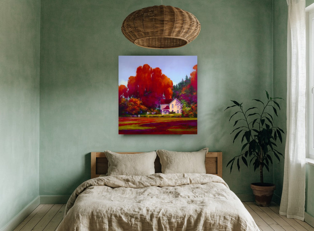 Crimson Farmhouse Glow landscape canvas print on the wall of a bedroom