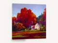 Crimson Farmhouse Glow, red autumn trees farmhouse painting, landscape canvas wall art print ready to hang