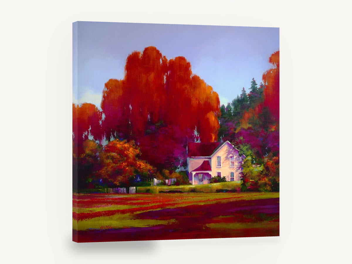 Crimson Farmhouse Glow, red autumn trees farmhouse painting, landscape canvas wall art print ready to hang