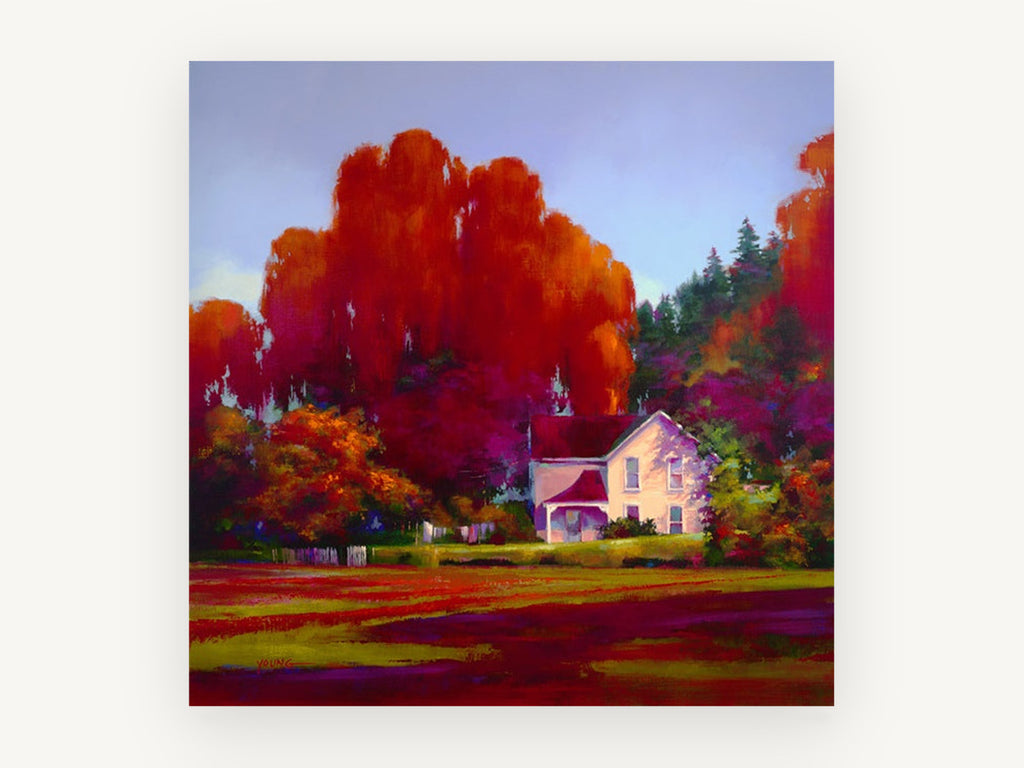 Crimson Farmhouse Glow, red autumn trees farmhouse painting, landscape canvas wall art print, front view