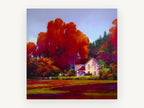 Crimson Farmhouse Glow, red autumn trees farmhouse painting, landscape canvas wall art print, front view