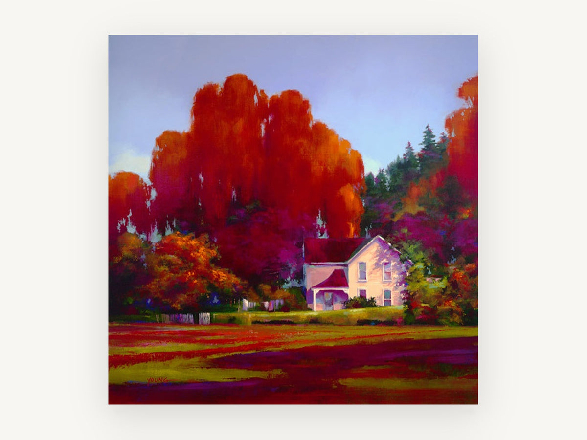 Crimson Farmhouse Glow, red autumn trees farmhouse painting, landscape canvas wall art print, front view