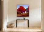 Crimson Farmhouse Glow landscape canvas print on the wall of a hallway