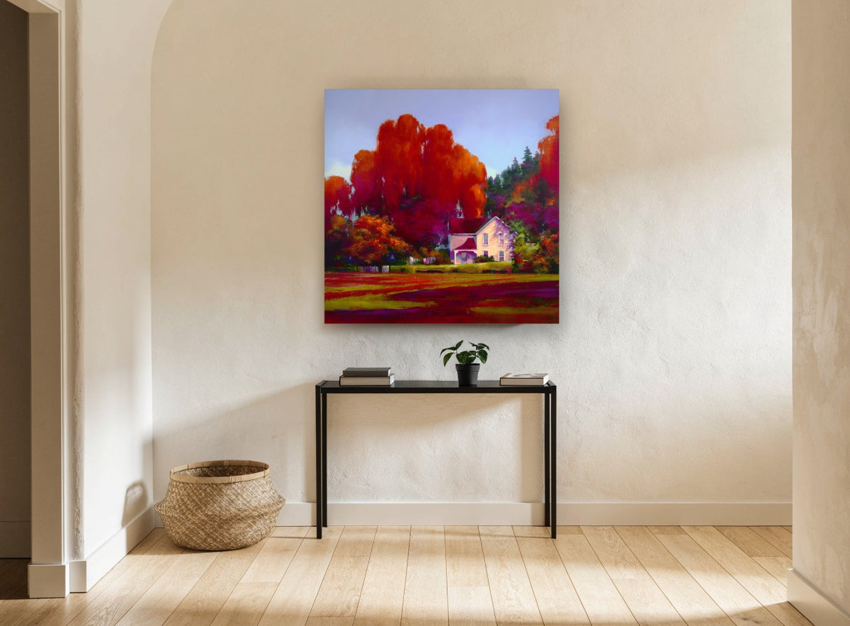 Crimson Farmhouse Glow landscape canvas print on the wall of a hallway