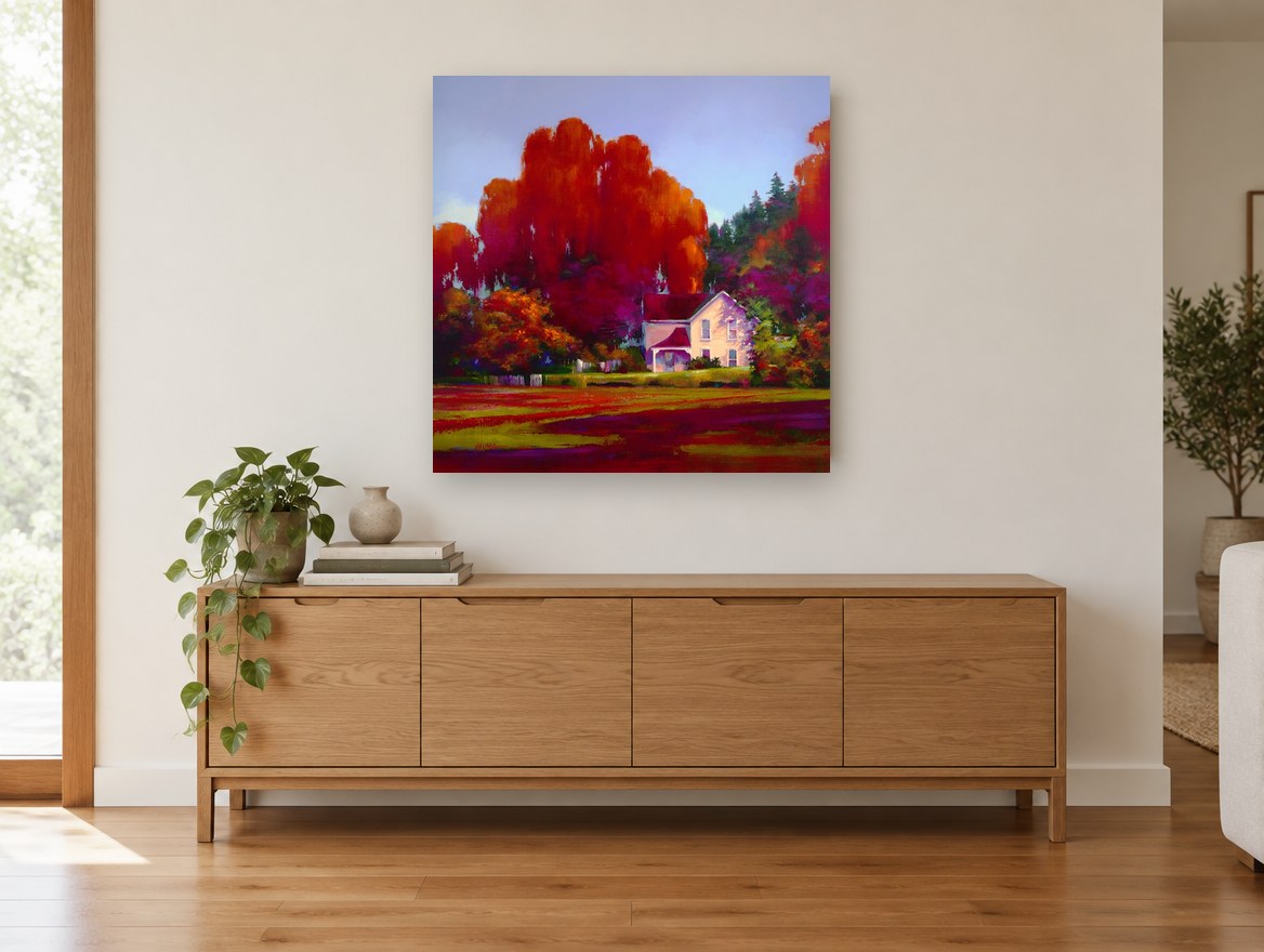 Crimson Farmhouse Glow landscape canvas print on the wall of a living room above a sideboard