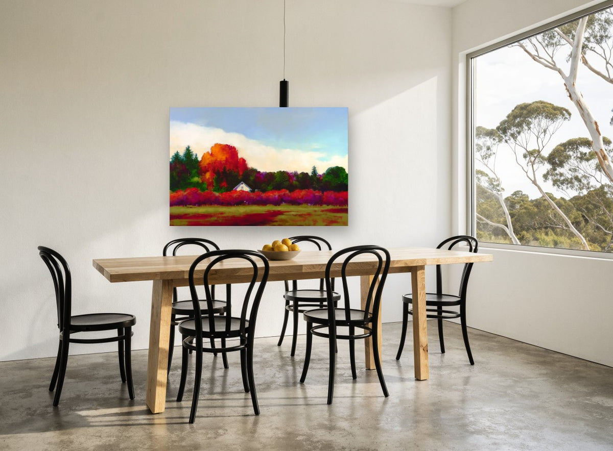 Crimson Hedge Farmhouse landscape canvas print on the wall of a dining room