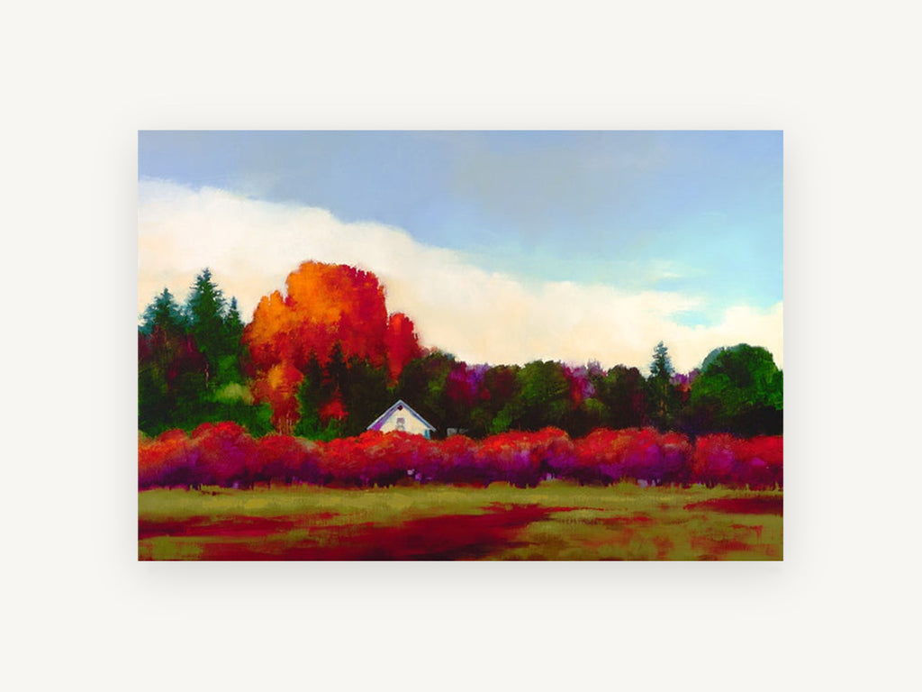 Crimson Hedge Farmhouse, autumn farmhouse landscape painting, landscape canvas wall art print, front view