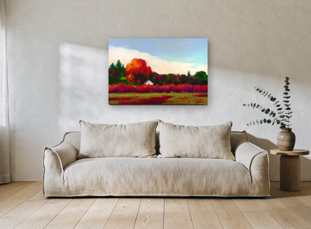 Crimson Hedge Farmhouse landscape canvas print on the wall of a living room