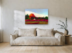 Crimson Hedge Farmhouse landscape canvas print on the wall of a living room