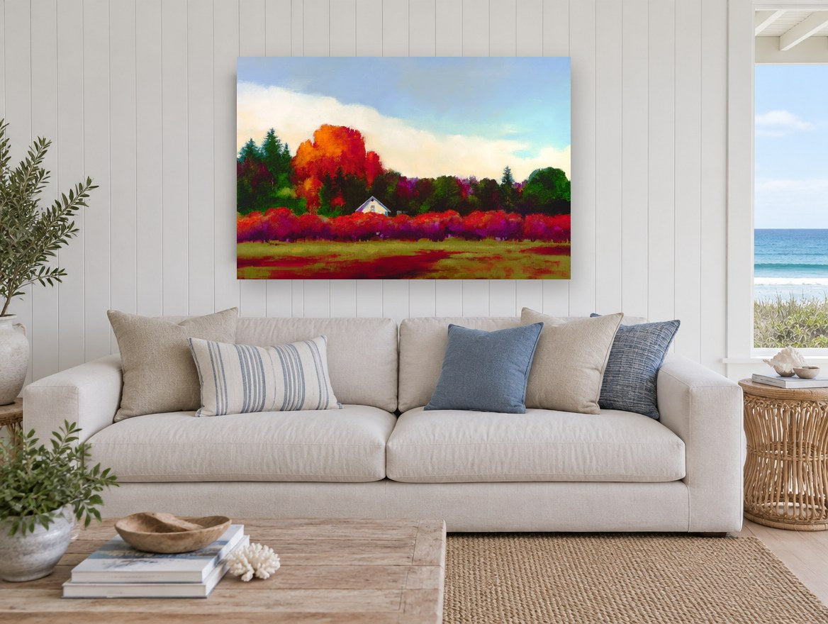 Crimson Hedge Farmhouse landscape canvas print on the wall of a beach house living room