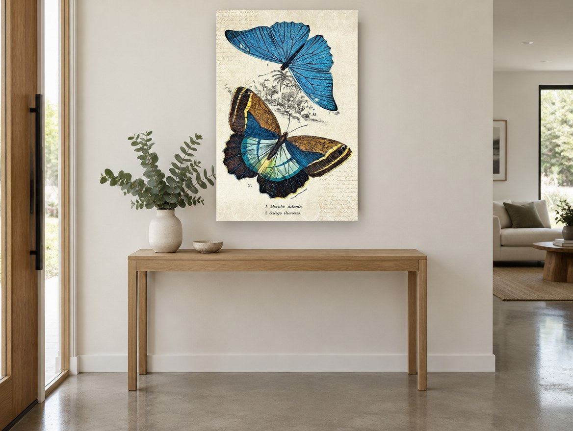 Blue Morpho Specimen Pair animal canvas print on the wall of a entry hall