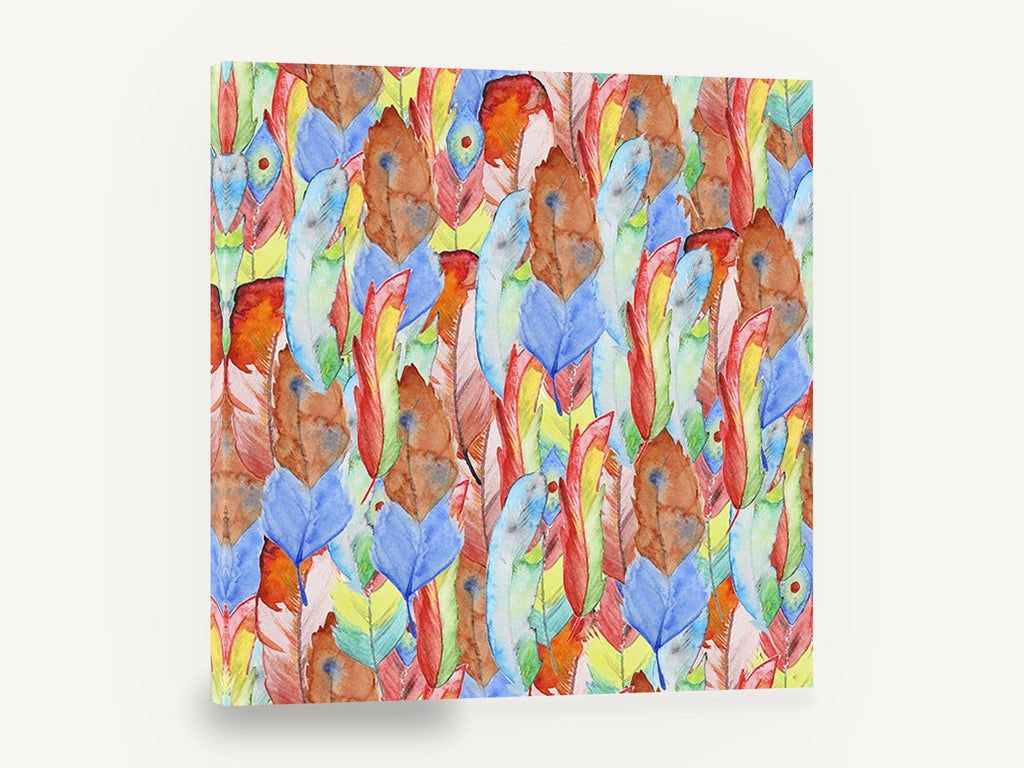 Rainbow Feather Tumble, colourful watercolour feather pattern, animal canvas wall art print ready to hang