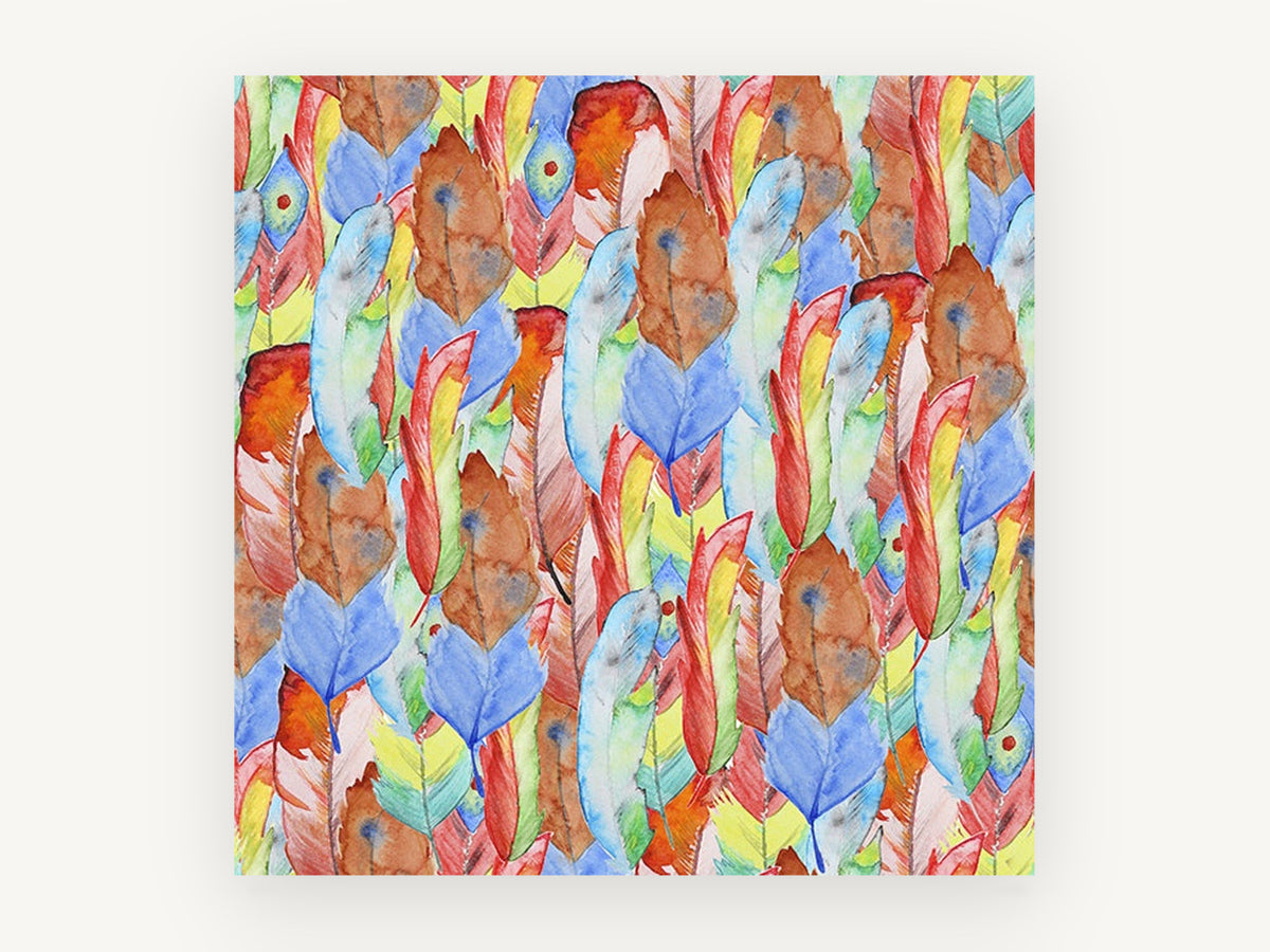 Rainbow Feather Tumble, colourful watercolour feather pattern, animal canvas wall art print, front view