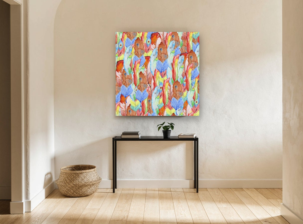 Rainbow Feather Tumble animal canvas print on the wall of a hallway