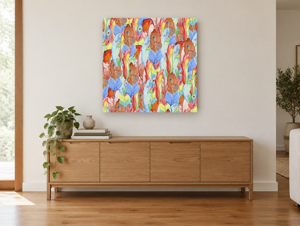 Rainbow Feather Tumble animal canvas print on the wall of a living room above a sideboard