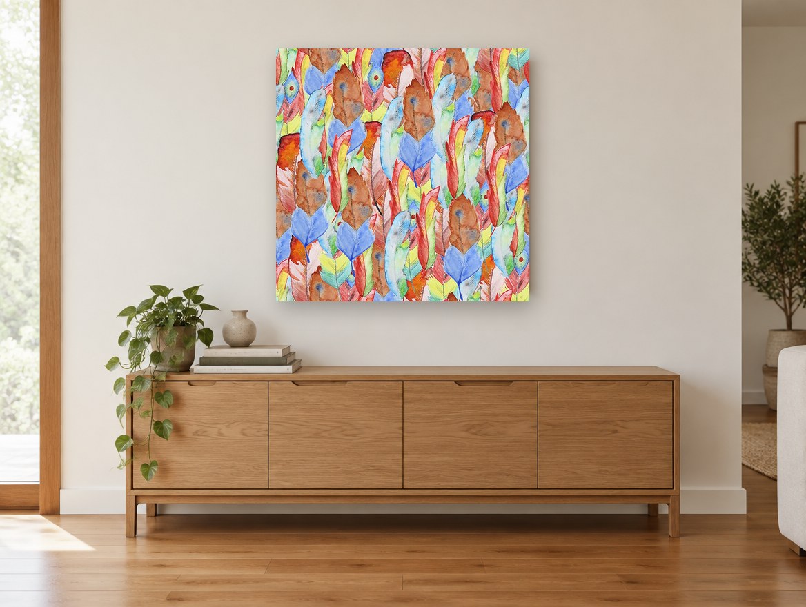 Rainbow Feather Tumble animal canvas print on the wall of a living room above a sideboard