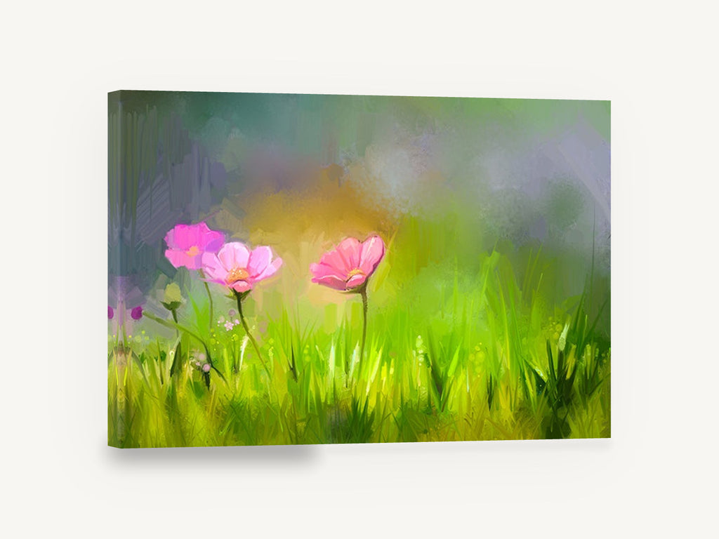 Cosmos in Green Meadow, pink cosmos flowers meadow painting, floral canvas wall art print ready to hang