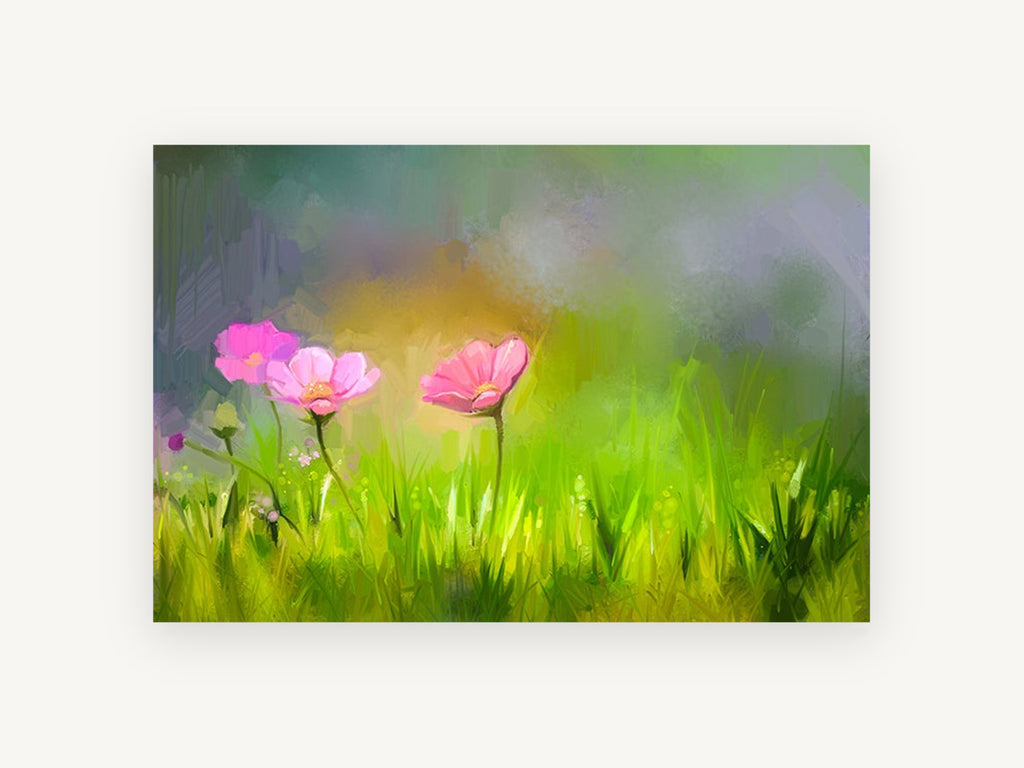 Cosmos in Green Meadow, floral canvas wall art print, front view