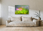Cosmos in Green Meadow floral canvas print on the wall of a living room
