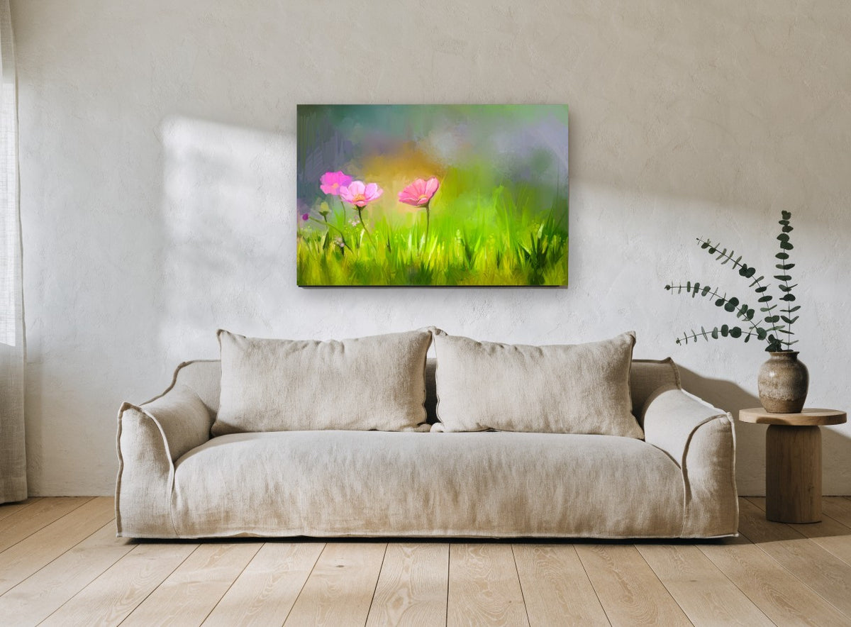 Cosmos in Green Meadow floral canvas print on the wall of a living room