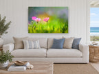 Cosmos in Green Meadow floral canvas print on the wall of a beach house living room