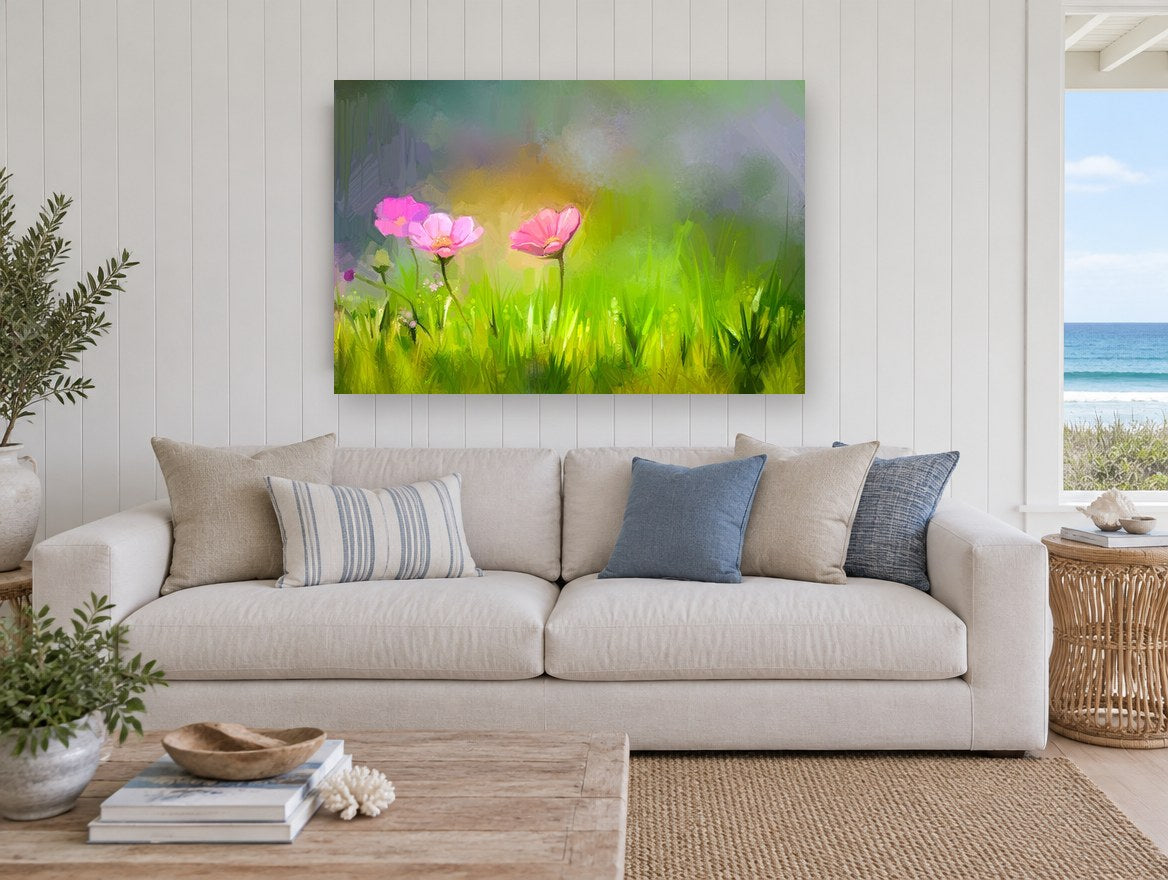 Cosmos in Green Meadow floral canvas print on the wall of a beach house living room