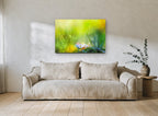 Daisies in Green Meadow floral canvas print on the wall of a living room