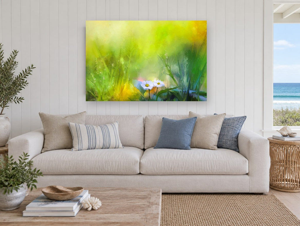 Daisies in Green Meadow floral canvas print on the wall of a beach house living room