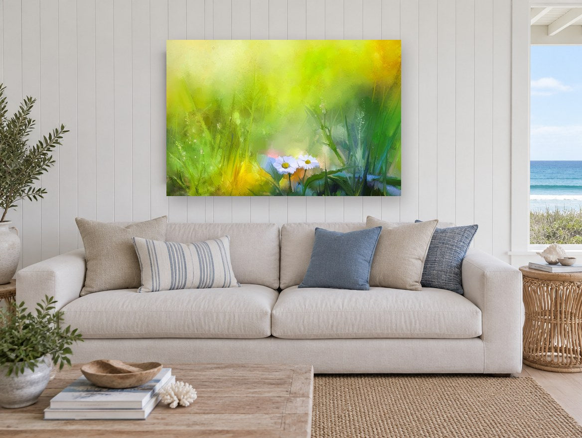 Daisies in Green Meadow floral canvas print on the wall of a beach house living room