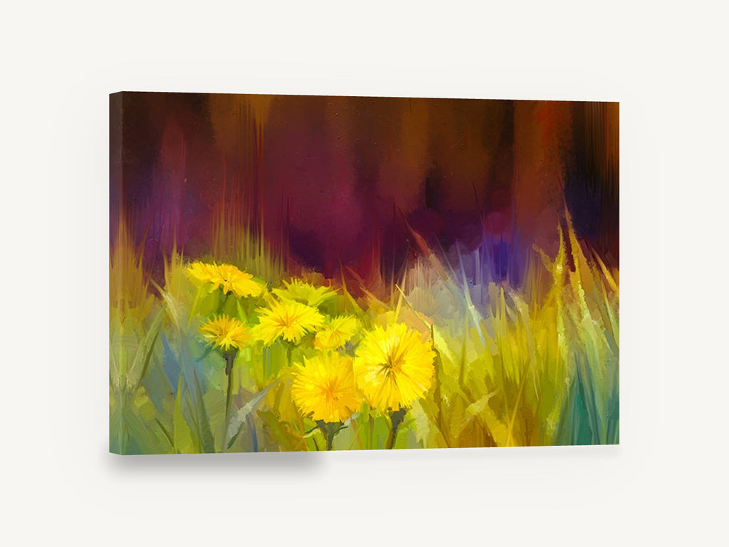 Dandelions at Dusk, yellow dandelions meadow painting, floral canvas wall art print ready to hang