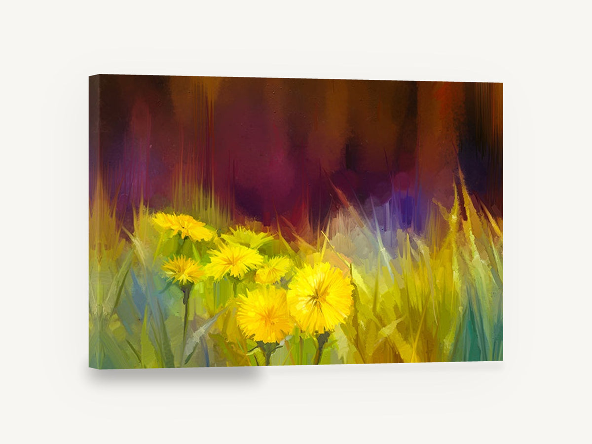Dandelions at Dusk, yellow dandelions meadow painting, floral canvas wall art print ready to hang