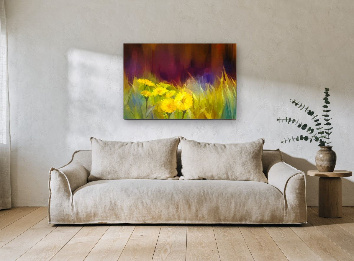 Dandelions at Dusk floral canvas print on the wall of a living room