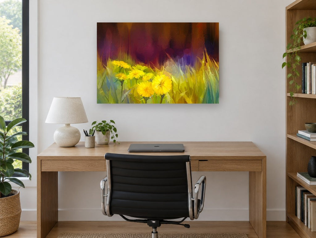 Dandelions at Dusk floral canvas print on the wall of a study