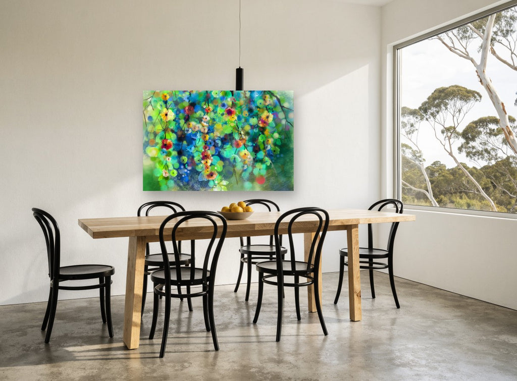 Garden Bokeh Bloom floral canvas print on the wall of a dining room