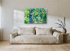 Garden Bokeh Bloom floral canvas print on the wall of a living room