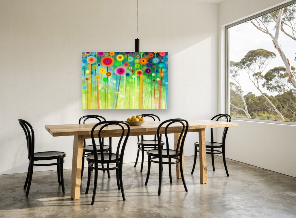 Meadow Pom Poms floral canvas print on the wall of a dining room