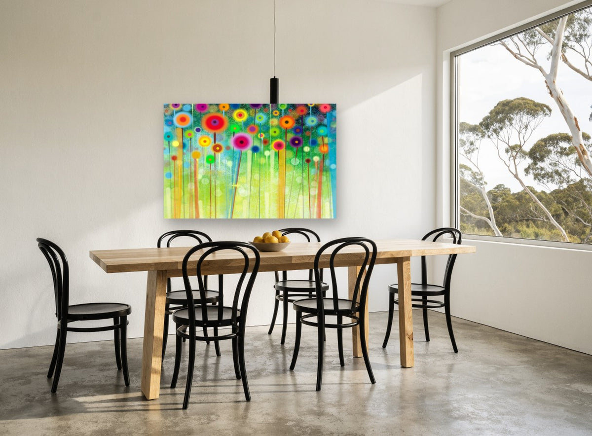Meadow Pom Poms floral canvas print on the wall of a dining room