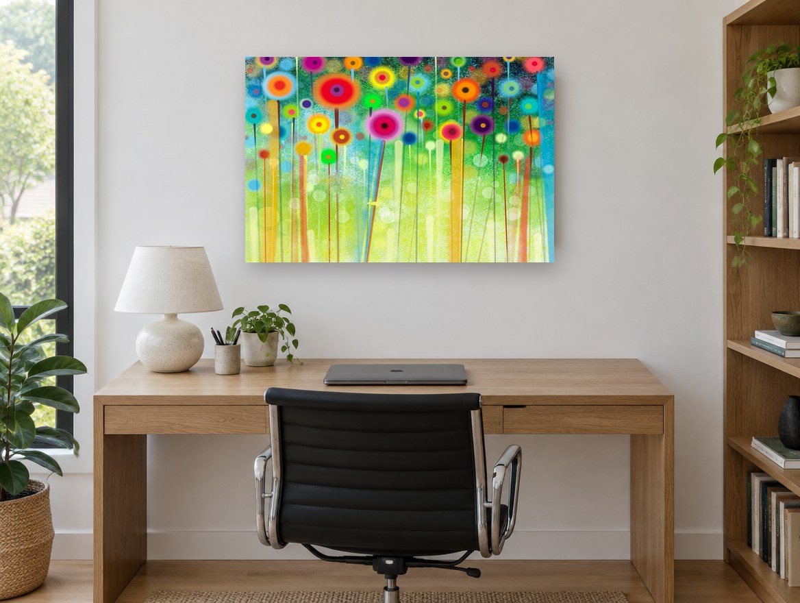 Meadow Pom Poms floral canvas print on the wall of a study