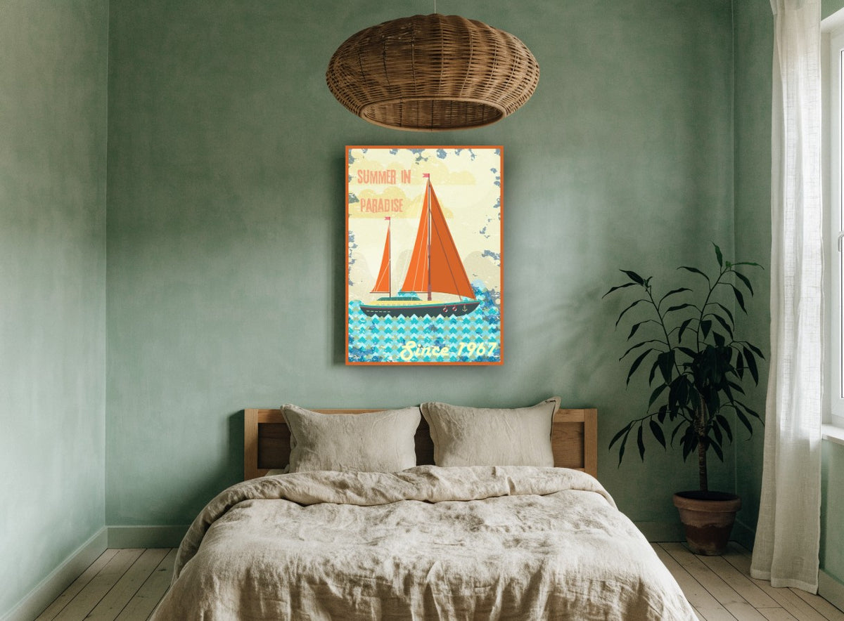 Summer in Paradise Yacht vintage canvas print on the wall of a bedroom