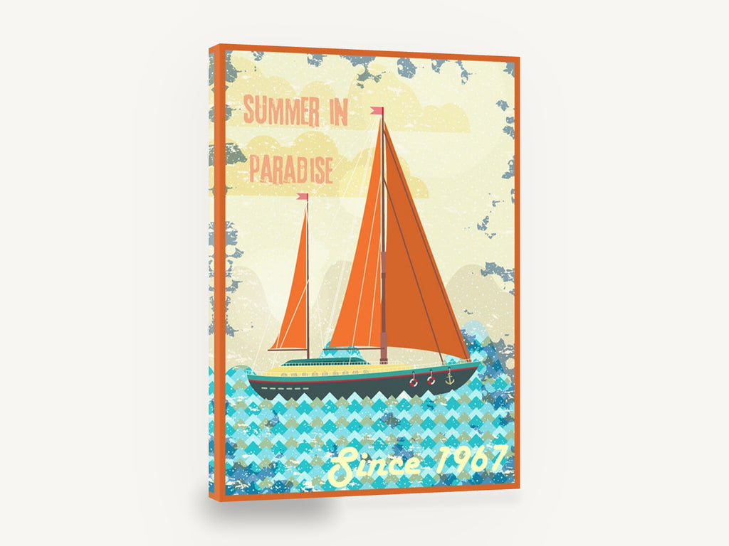 Summer in Paradise Yacht, retro orange sail yacht poster, stretched canvas wall art print ready to hang