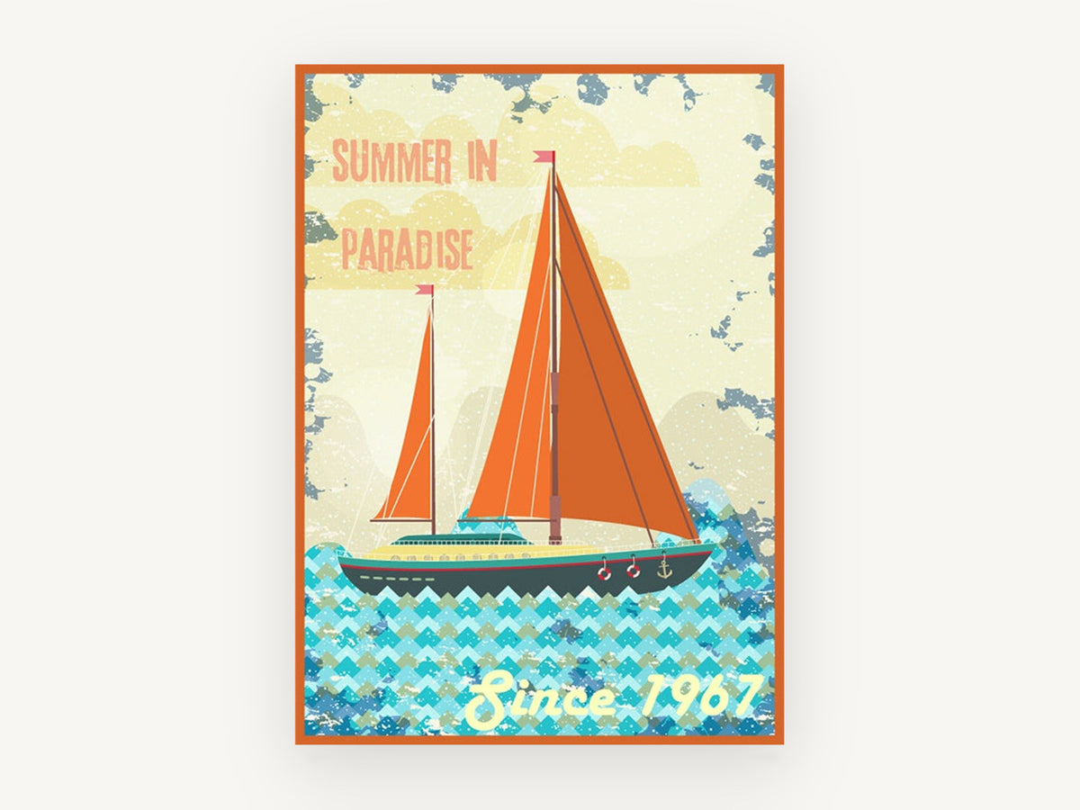 Summer in Paradise Yacht, vintage canvas wall art print, front view