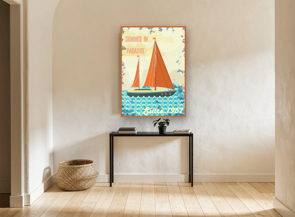 Summer in Paradise Yacht vintage canvas print on the wall of a hallway