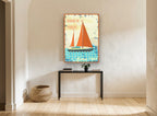 Summer in Paradise Yacht vintage canvas print on the wall of a hallway