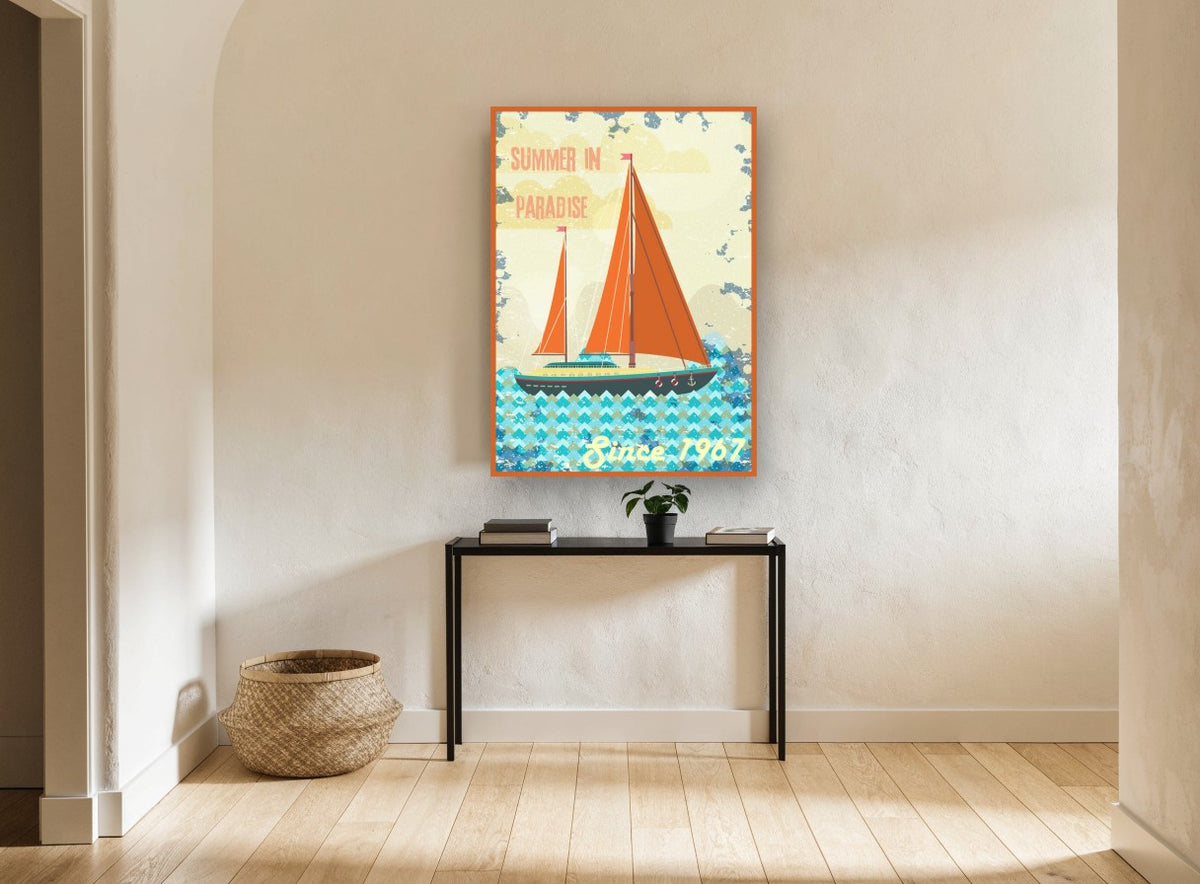Summer in Paradise Yacht vintage canvas print on the wall of a hallway