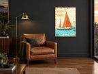 Summer in Paradise Yacht vintage canvas print on the wall of a charcoal living room