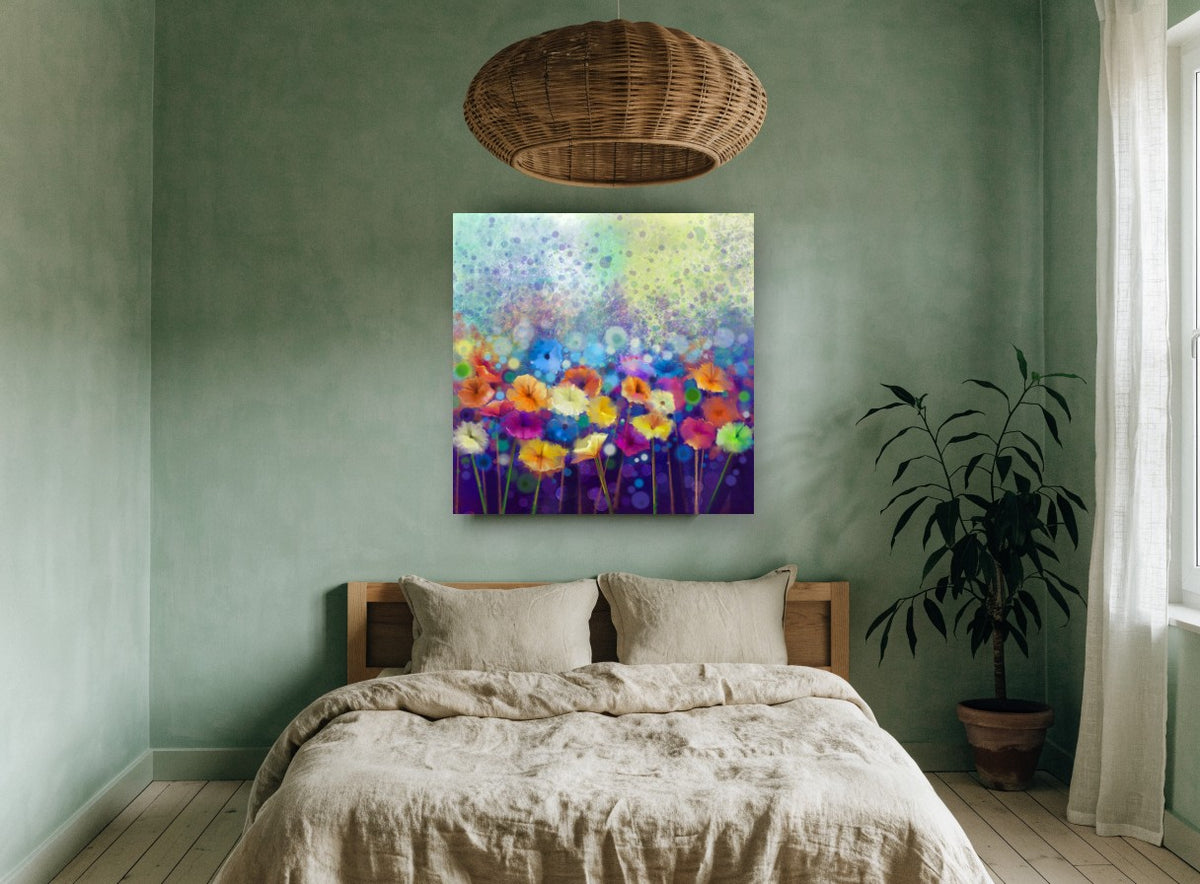 Daisy Field Bokeh floral canvas print on the wall of a bedroom